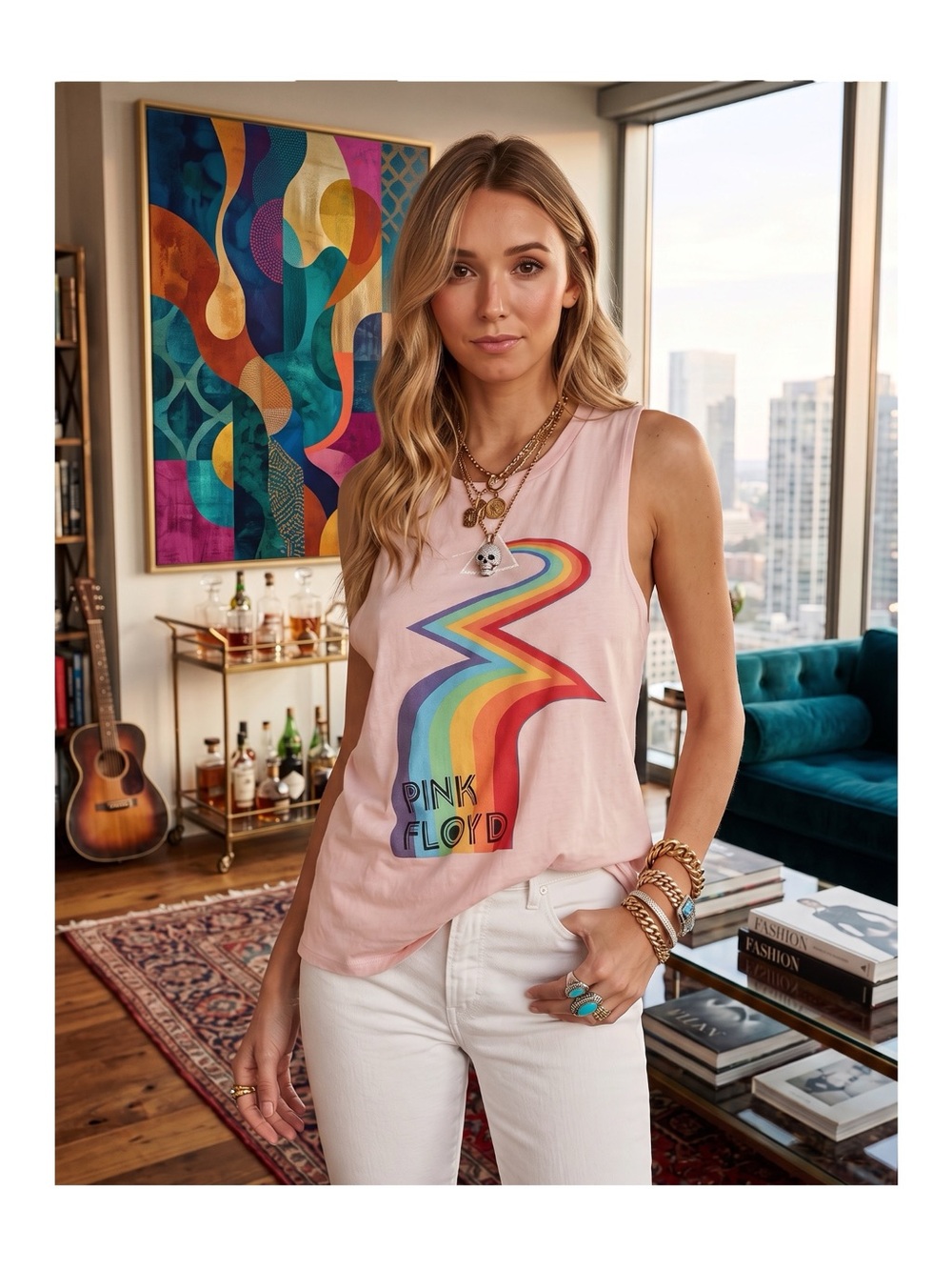 new Daydreamer ☺︎︎ Pink Floyd Rainbow Muscle Tee Tank ☺︎ Light Pink ☺︎ Small ☺︎︎
